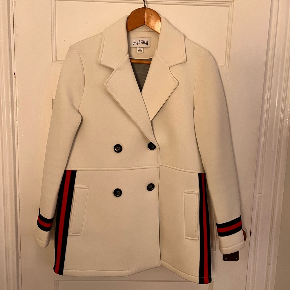 Joseph Ribkoff White Scuba Jacket With Stripe Trim Detail- like new condition